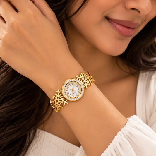Indian woman wearing Aurelia 18K Gold Plated Crystal Bracelet Watch on wrist – TVAYI
