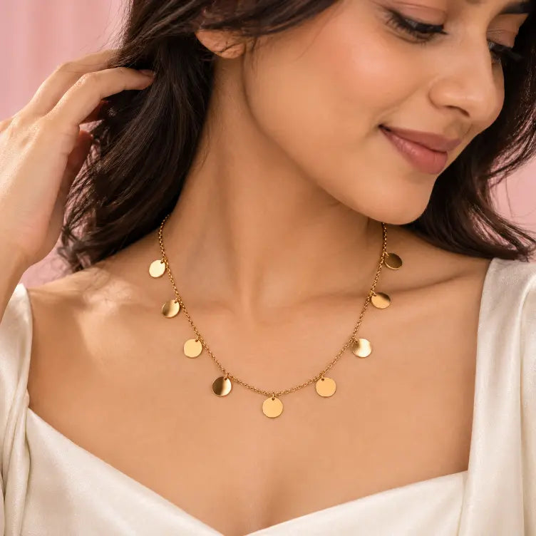 Woman Wearing 18K Gold Plated Disc Necklace