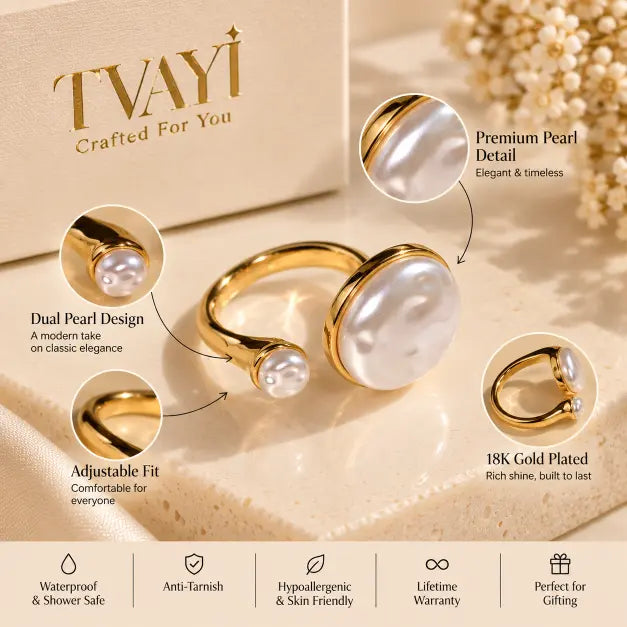 Aurelia Dual Pearl Ring detailed view showing pearl accents gold finish and adjustable design – TVAYI