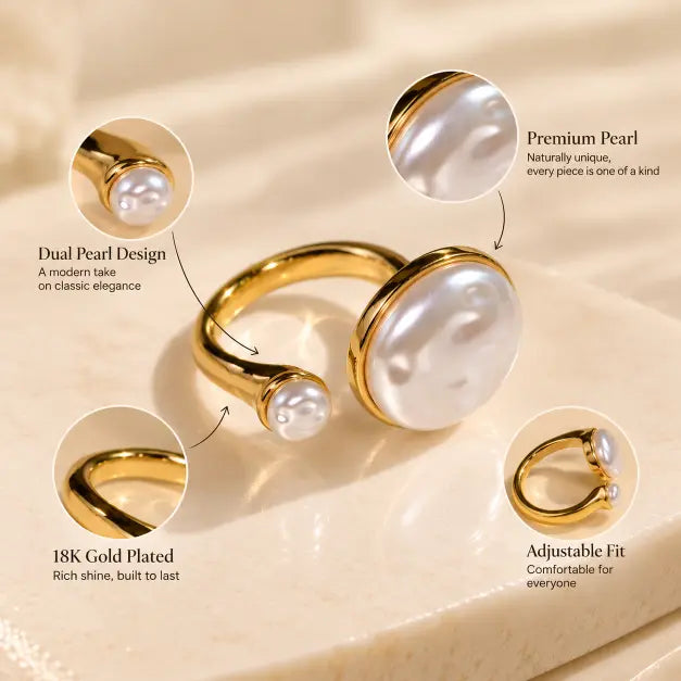 Close-up of Aurelia 18K Gold Plated Dual Pearl Ring worn on finger – TVAYI