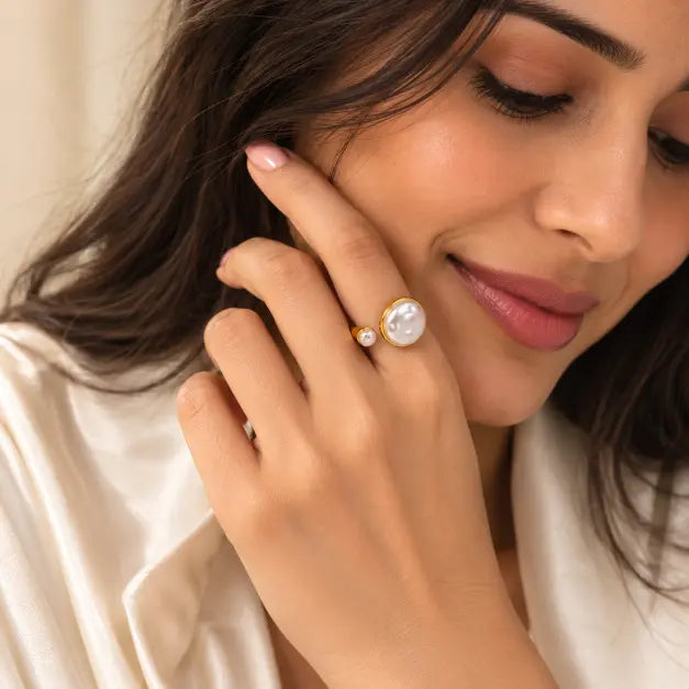 Indian woman wearing Aurelia 18K Gold Plated Dual Pearl Ring – TVAYI