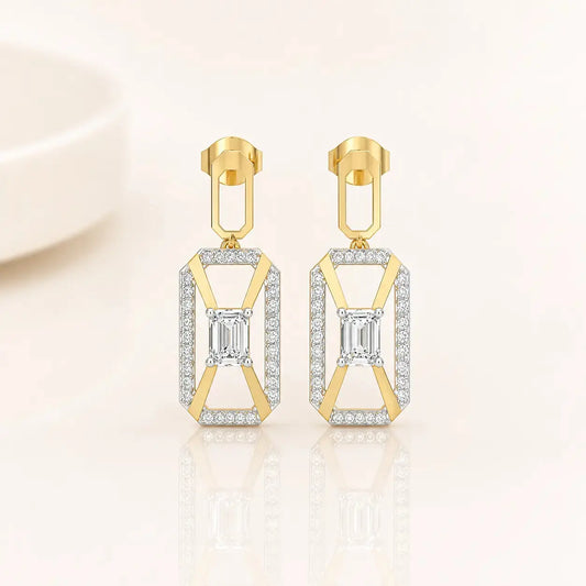 Aurora Emerald-Cut Diamond Drop Earrings in 9KT Gold | Tvayi