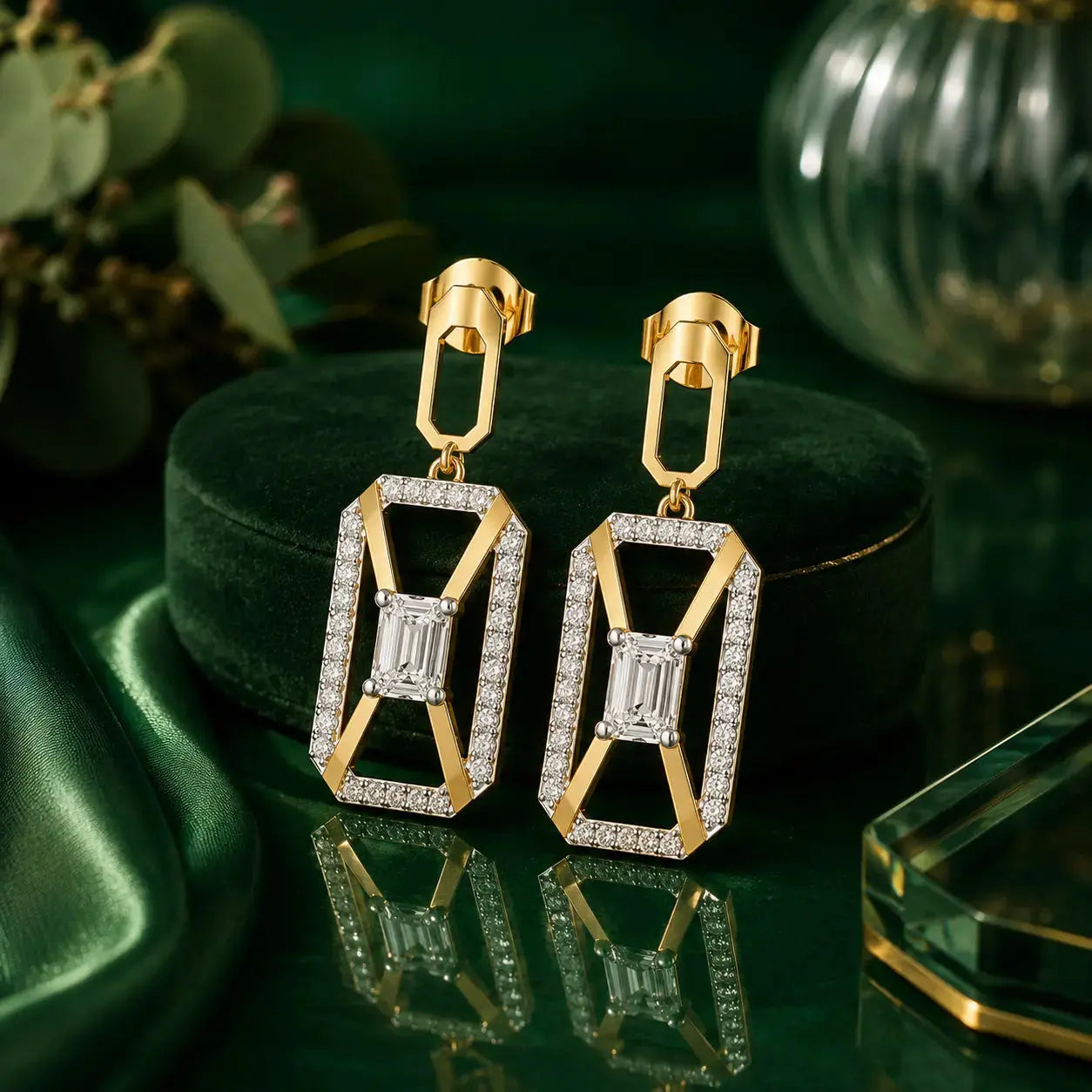 Aurora Emerald-Cut Diamond Drop Earrings in 9KT Gold | Tvayi