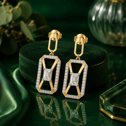 Aurora Emerald-Cut Diamond Drop Earrings in 9KT Gold | Tvayi