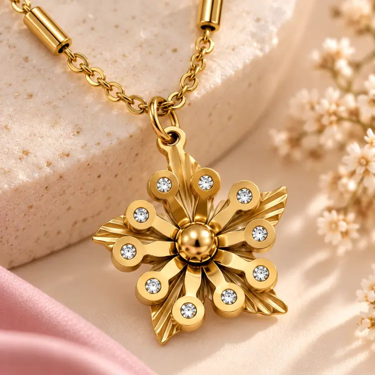 Close-up of Aurora Bloom floral pendant with sparkling stone details