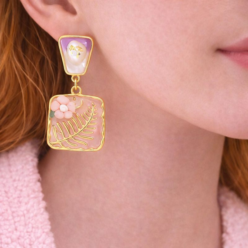 Blush Fern Pearl Drop Earrings – Gold Plated Floral Statement Jewellery | Tvayi