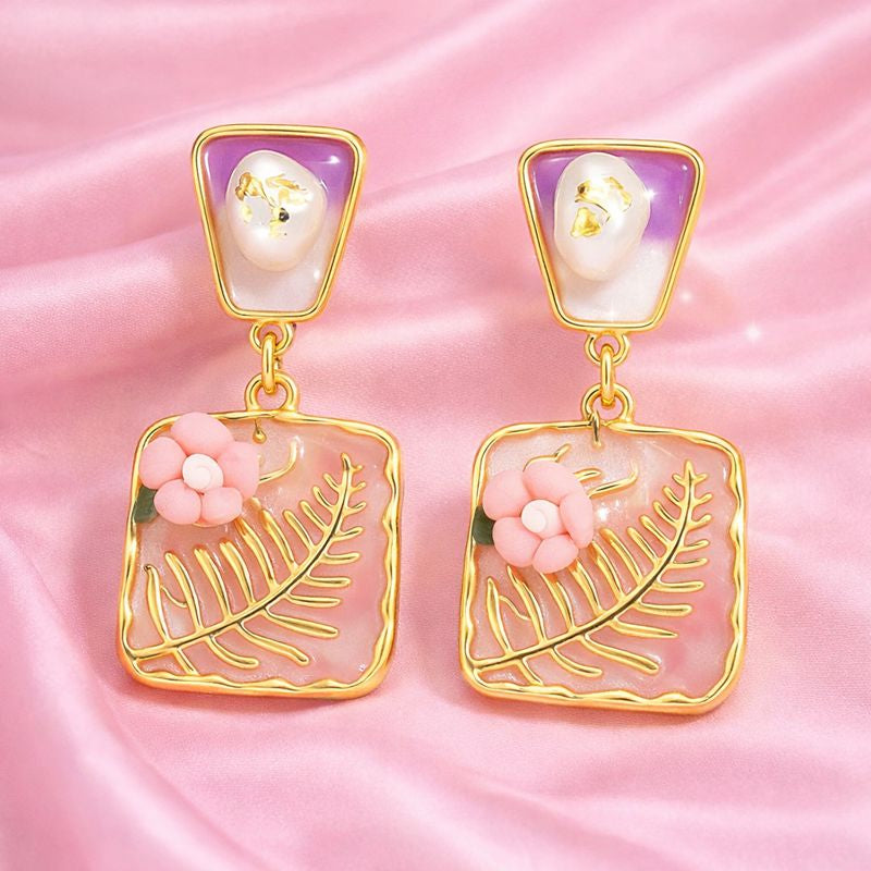 Blush Fern Pearl Drop Earrings – Gold Plated Floral Statement Jewellery | Tvayi