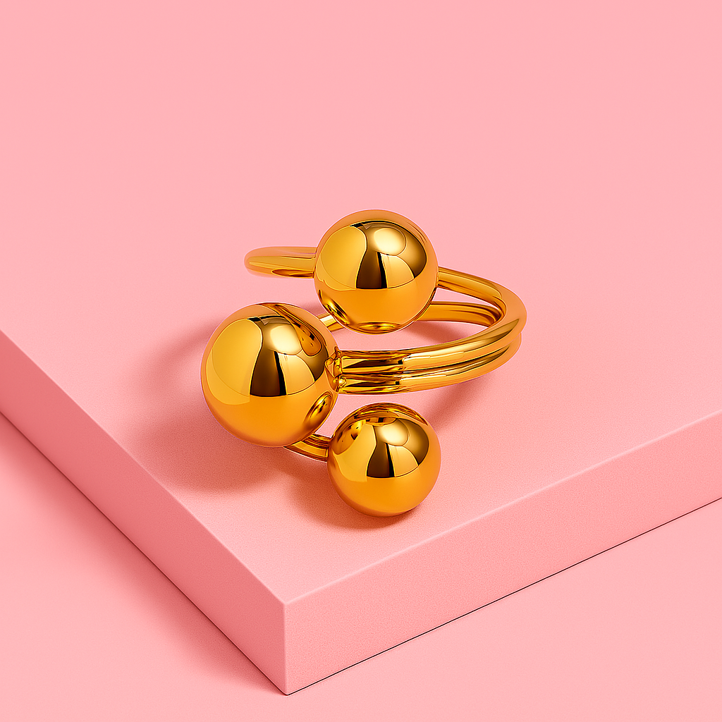 Bold Triple Ball Gold Ring – Adjustable & Statement Piece | Tvayi Jewellery