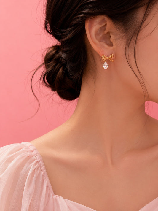 Bow Crystal Drop Earrings for Women – Luxury Rose Gold Finish | Tvayi