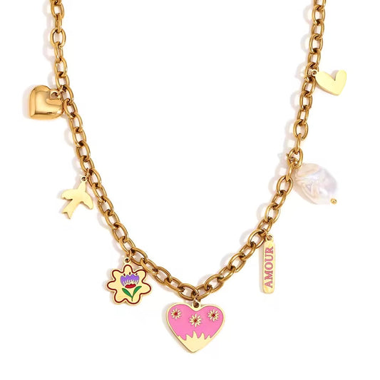 Golden Crown Charm Necklace with Pink Heart & Pearl | Tvayi
