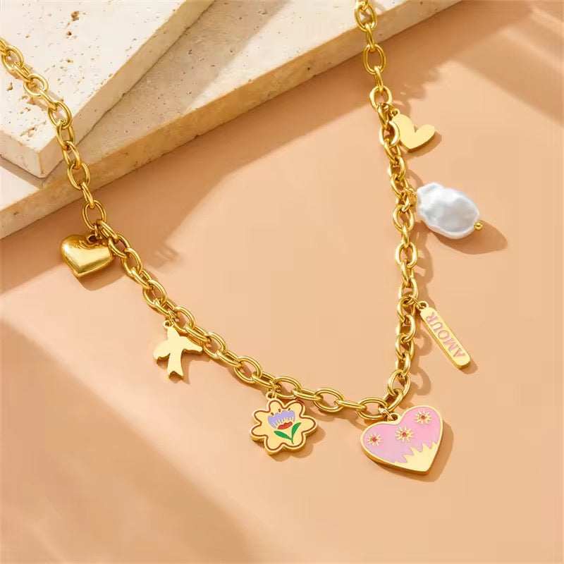 Golden Crown Charm Necklace with Pink Heart & Pearl | Tvayi