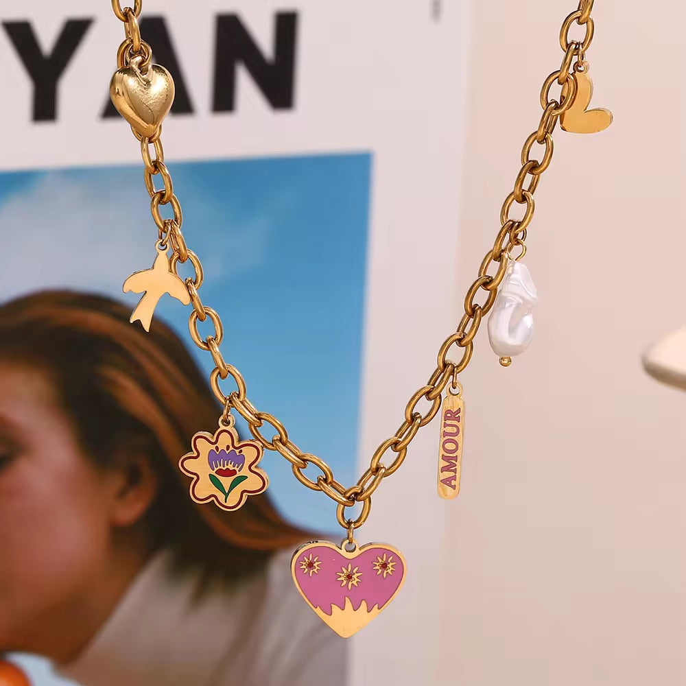 Golden Crown Charm Necklace with Pink Heart & Pearl | Tvayi