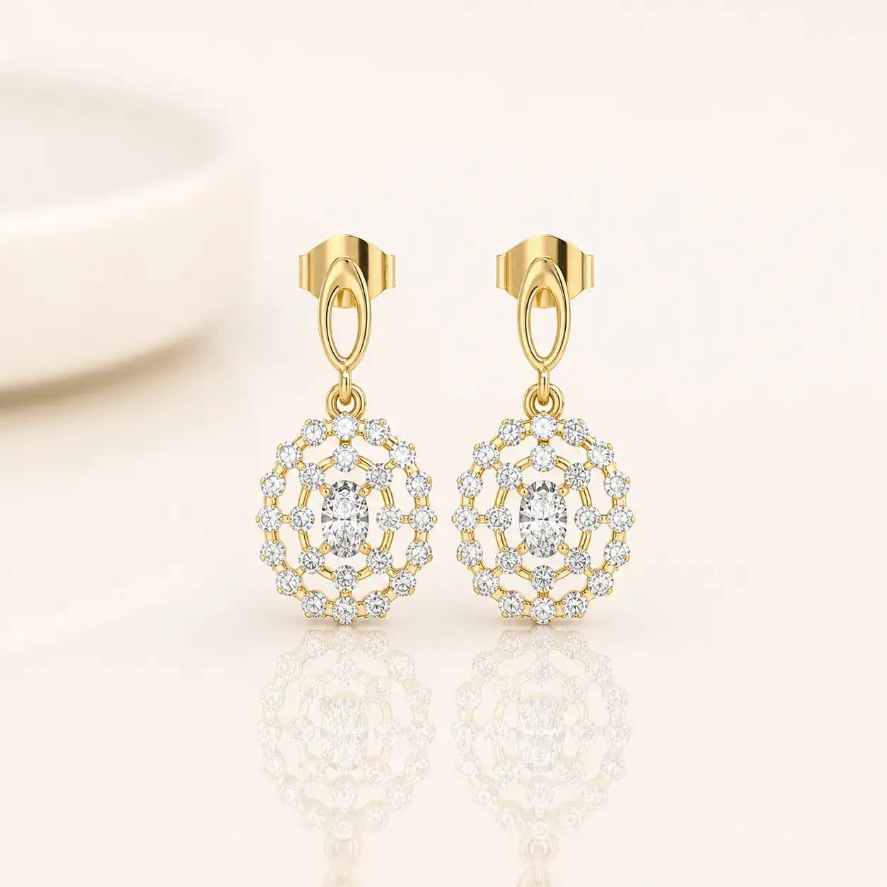 Celeste Diamond Halo Drop Earrings in 9KT Gold | Tvayi