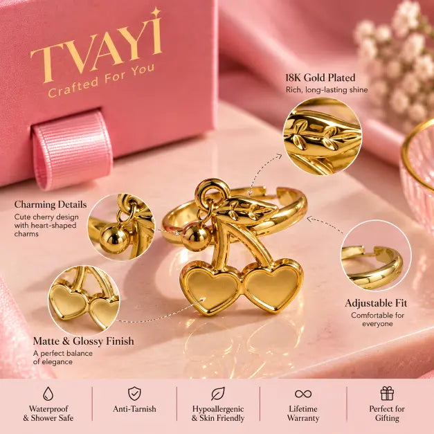 Cerise Double Heart Charm Ring detailed view showing gold finish adjustable band and cherry inspired design – TVAYI