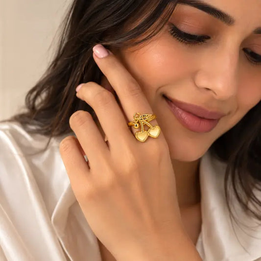 Indian woman wearing Cerise 18K Gold Plated Double Heart Charm Ring – TVAYI