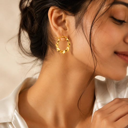 Sculpted Wave 18K Gold Plated Hoop Earrings for Women