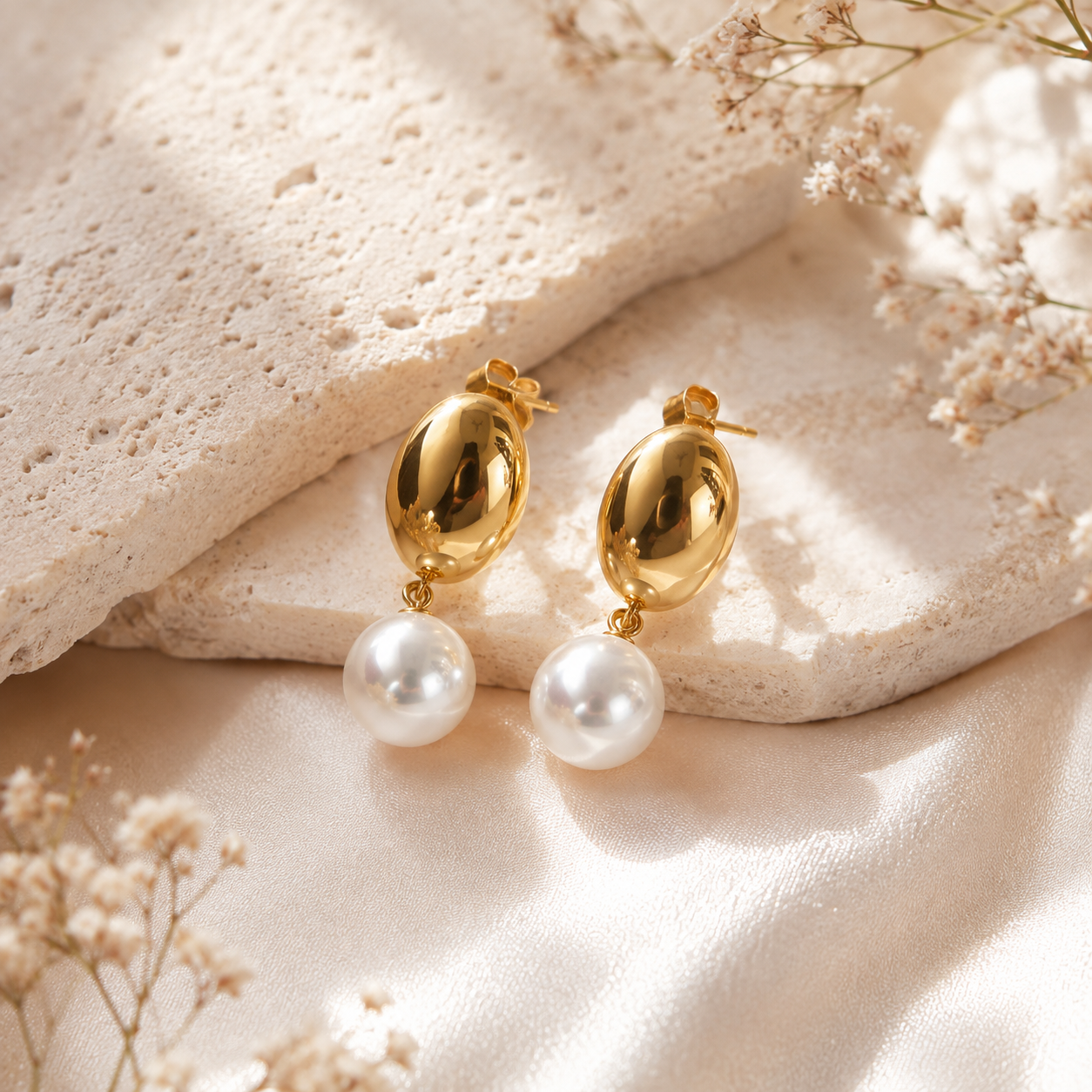 Golden Pearl Drop Earrings – 18K Gold Plated | Tvayi