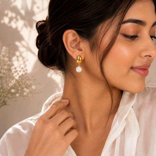 Golden Pearl Drop Earrings – 18K Gold Plated
