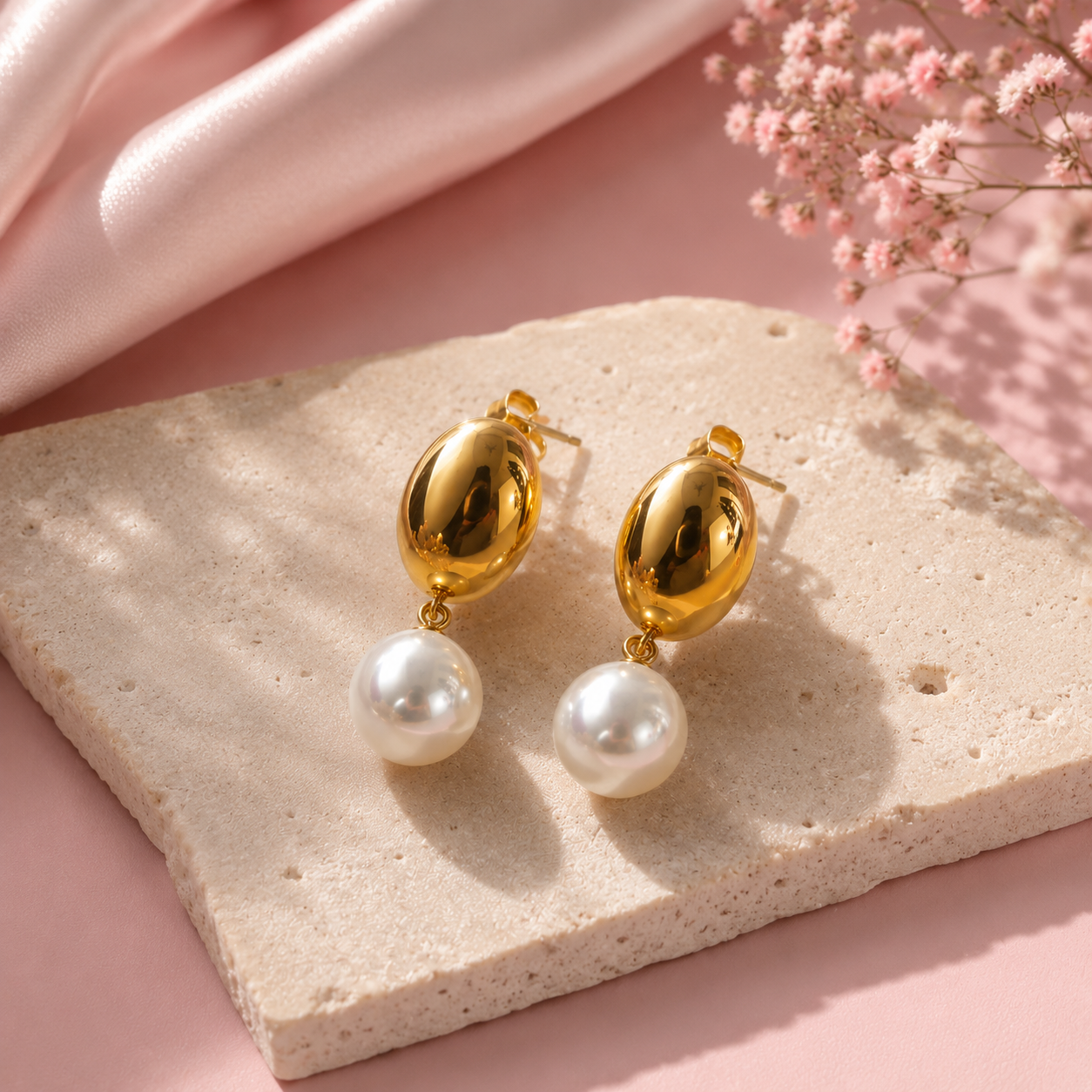 Golden Pearl Drop Earrings – 18K Gold Plated | Tvayi