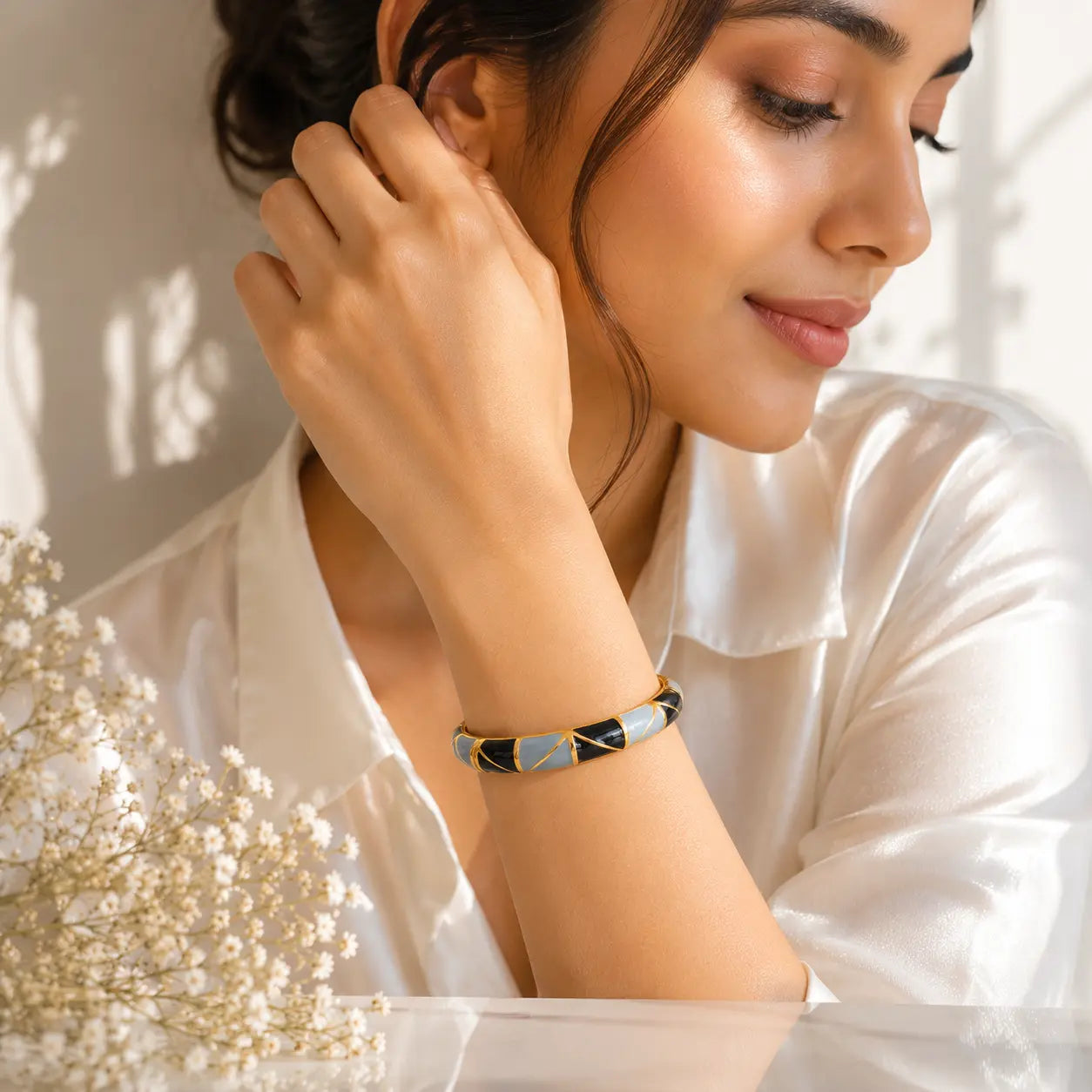 Midnight Blue Enamel Bangle – 18K Gold Plated Bracelet for Women | Tvayi