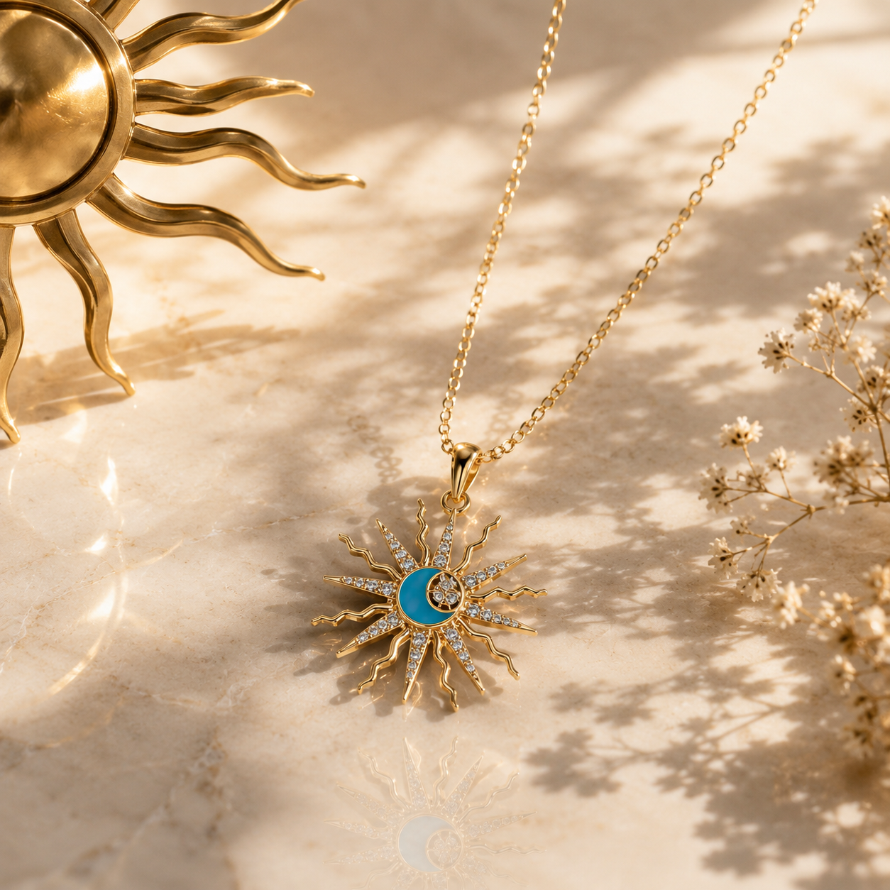 Celestia Sun & Moon Pendant Necklace – 18K Gold Plated | Tvayi