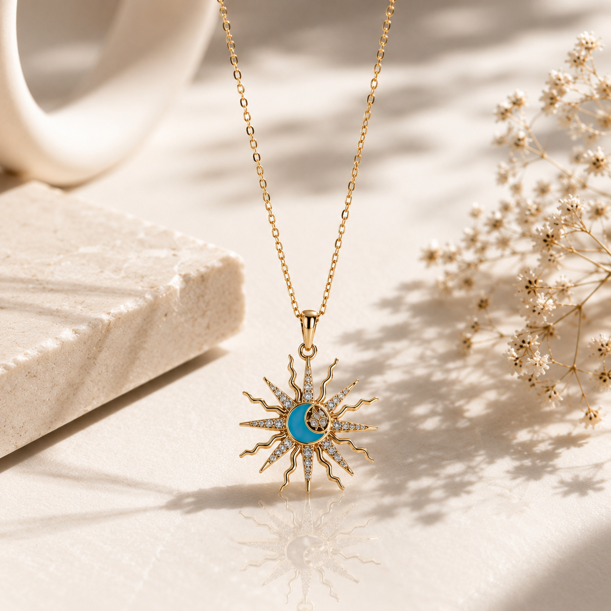 Celestia Sun & Moon Pendant Necklace – 18K Gold Plated | Tvayi