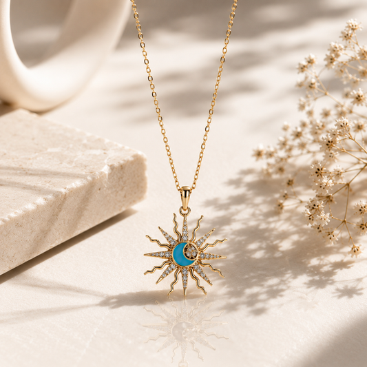 Celestia Sun & Moon Pendant Necklace – 18K Gold Plated | Tvayi