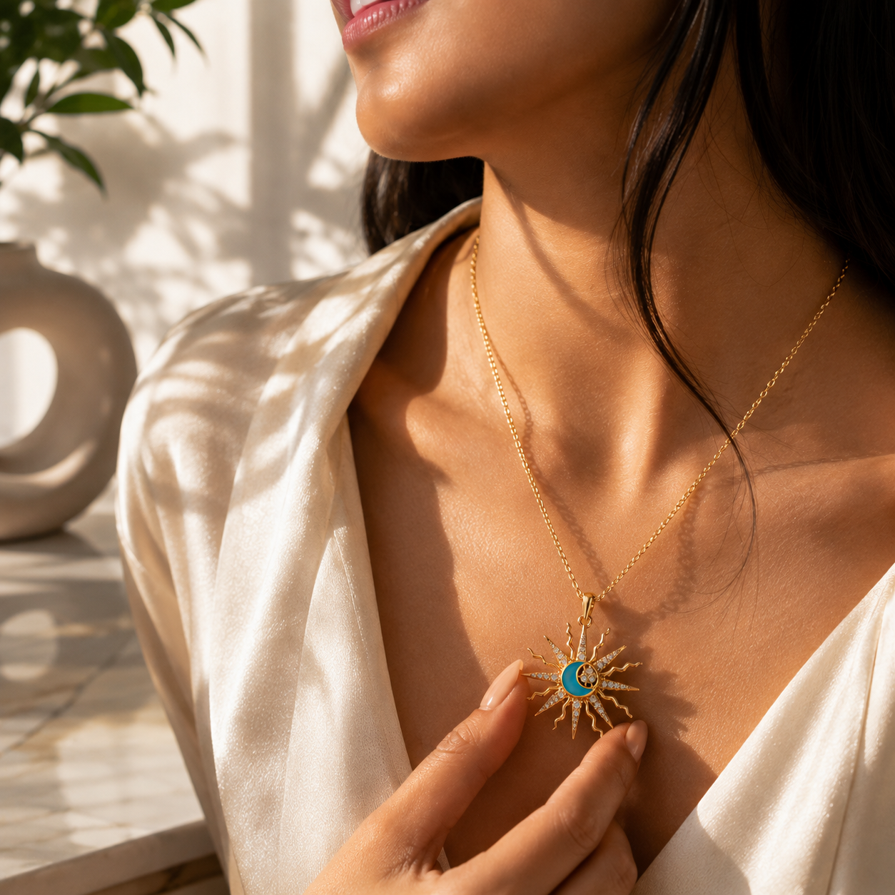 Celestia Sun & Moon Pendant Necklace – 18K Gold Plated | Tvayi