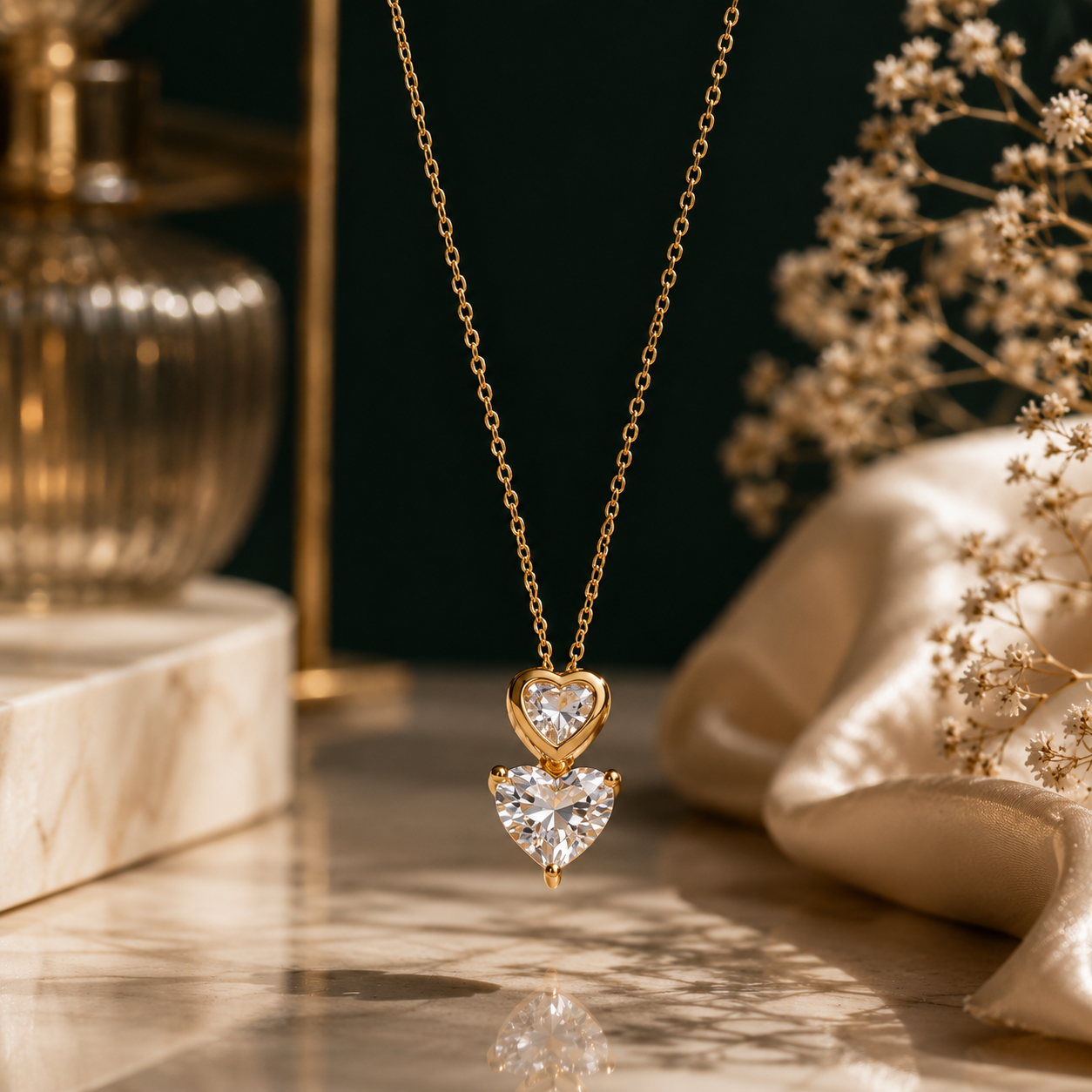 Amoura Double Heart Pendant Necklace – 18K Gold Plated | Tvayi