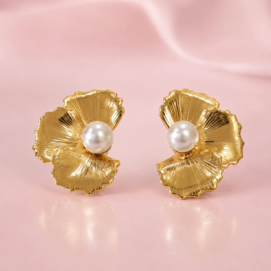 Golden Petal Pearl Statement Earrings