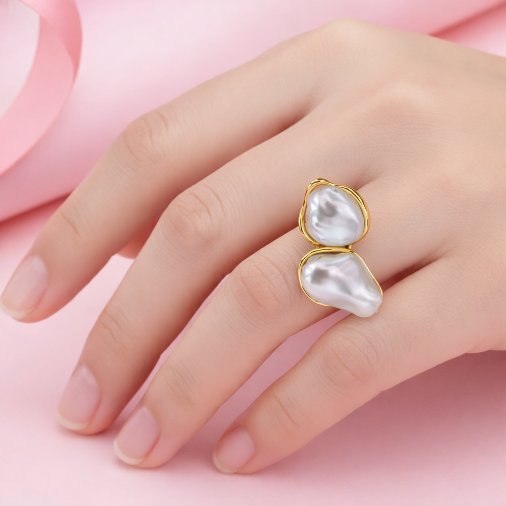 Aurora Twin Pearl Ring | 18K Gold Vermeil Demifine Jewellery | Tvayi