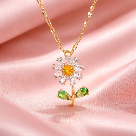 Daisy Flower Pendant 18K Gold-Plated Necklace with Cubic Zirconia Stones | Tvayi