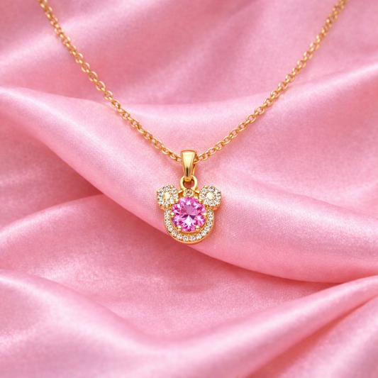 Gold-Plated Mickey Mouse Pendant Necklace with Pink Cubic Zirconia | Tvayi