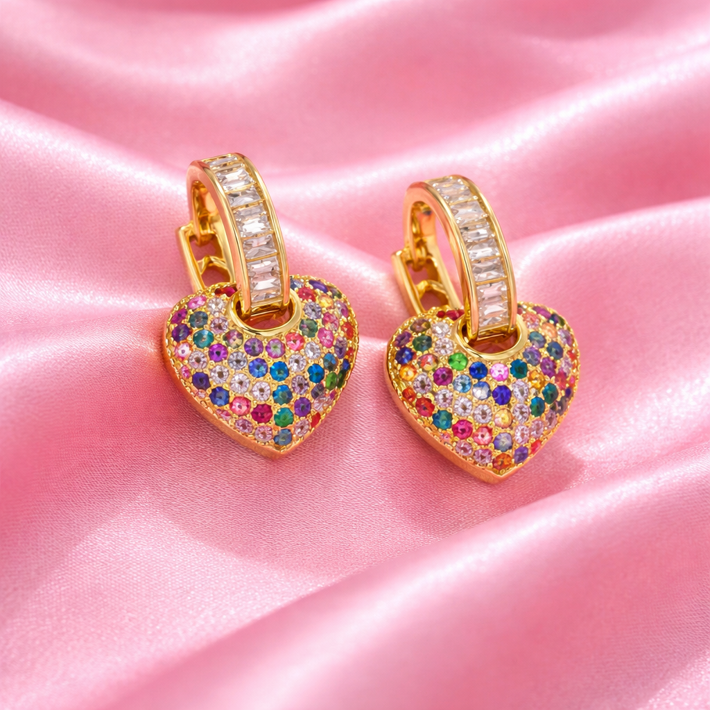18K Gold-Plated Heart Huggie Hoop Earrings with Multicolored Cubic Zirconia | Tvayi