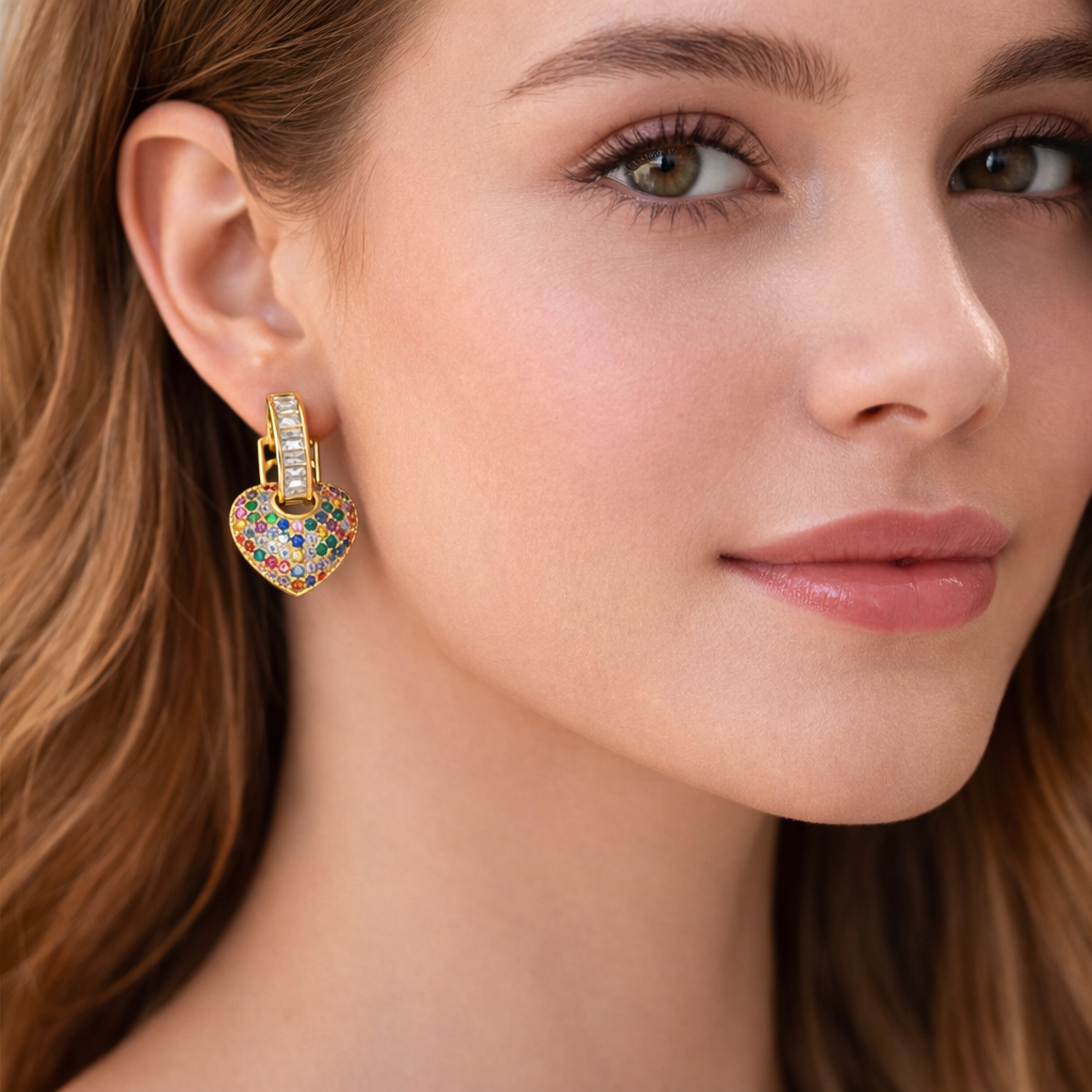 18K Gold-Plated Heart Huggie Hoop Earrings with Multicolored Cubic Zirconia | Tvayi