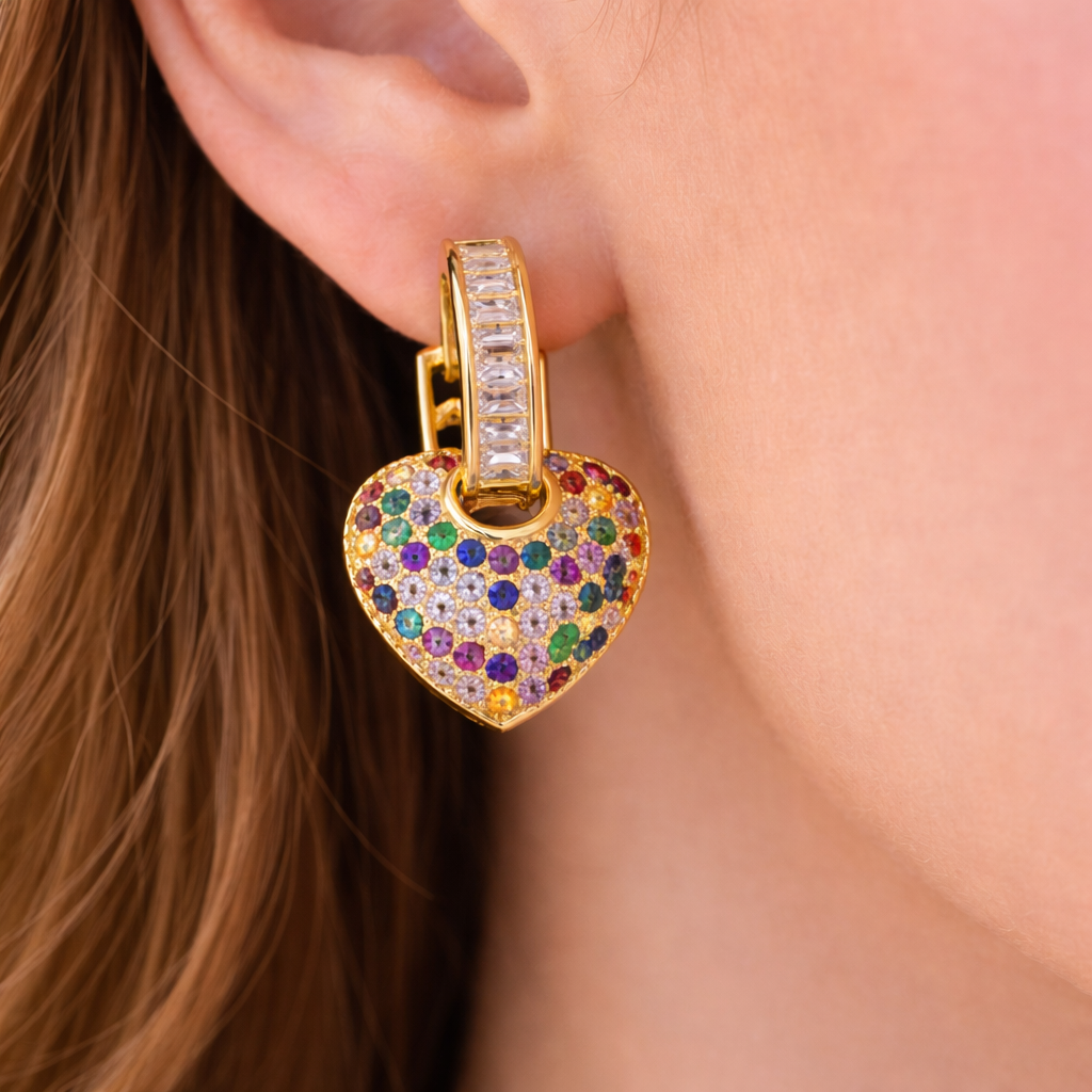 18K Gold-Plated Heart Huggie Hoop Earrings with Multicolored Cubic Zirconia | Tvayi