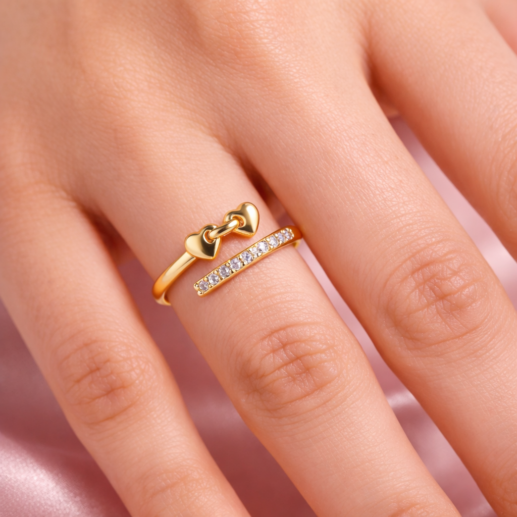 Adjustable Open Wrap Promise Ring with Dual Heart Design – 18K Gold Plated | Tvayi