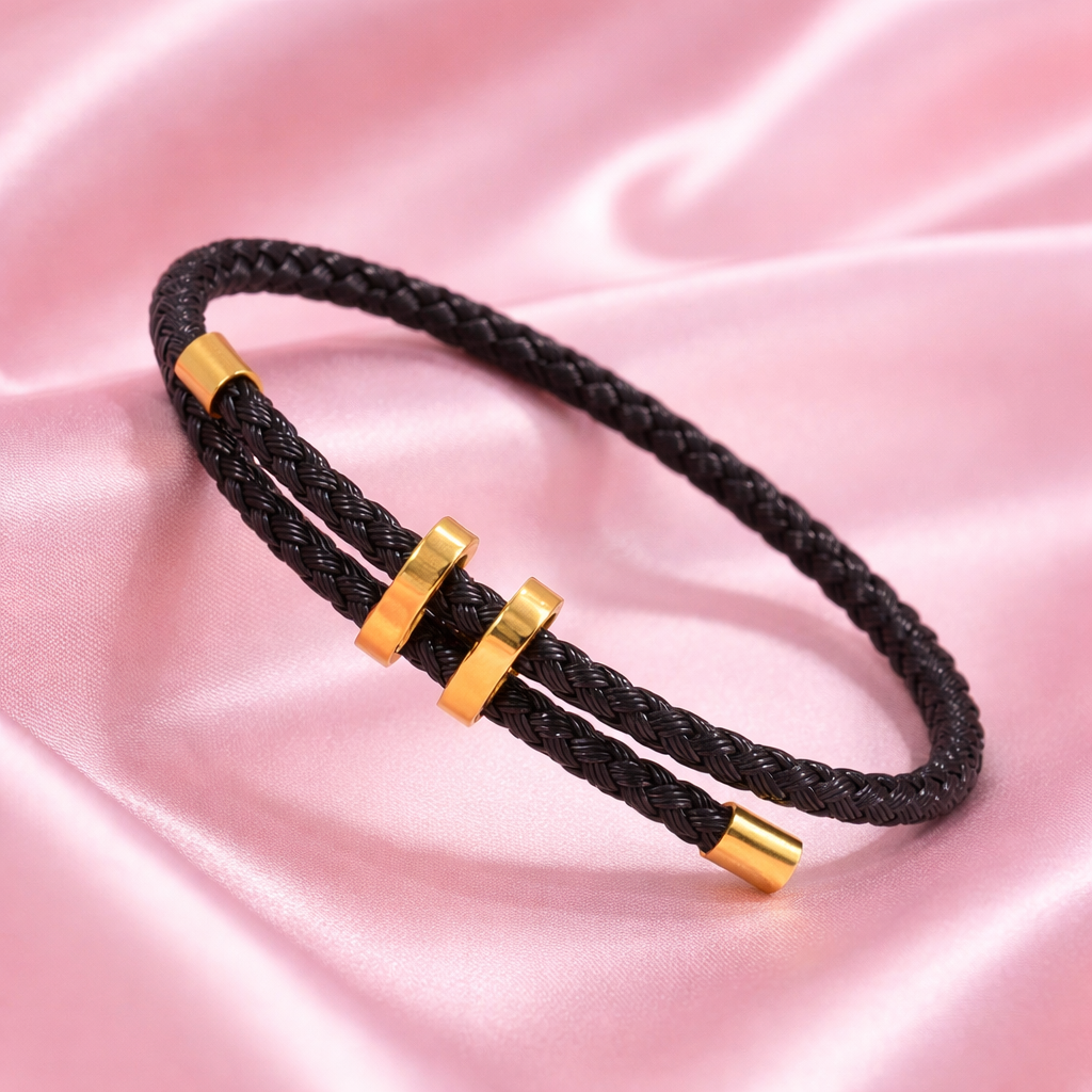 Black Braided Rope Bracelet with Gold-Plated Titanium Accents | Tvayi