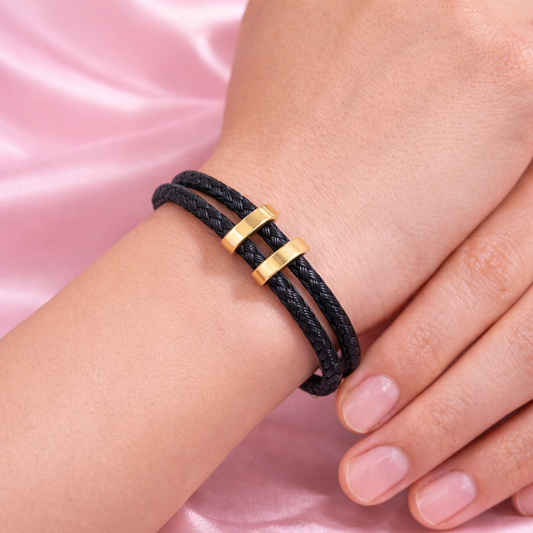 Black Braided Rope Bracelet with Gold-Plated Titanium Accents | Tvayi