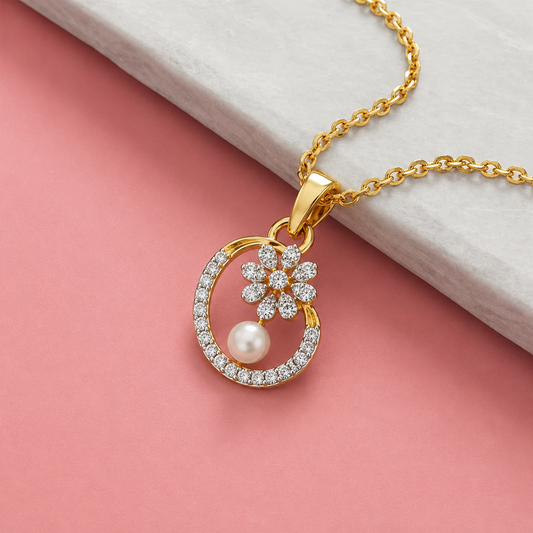 9KT Gold Lab Grown Diamond Floral Pearl Pendant Necklace for Women | Elegant Diamond Flower Pendant