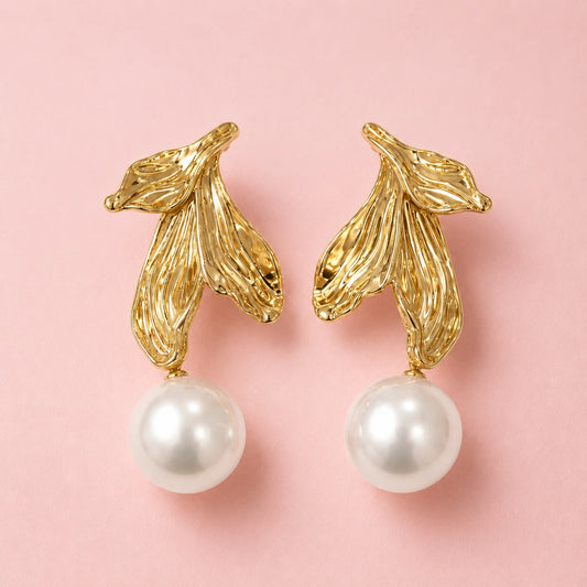 Sculpted Leaf Pearl Drop Earrings