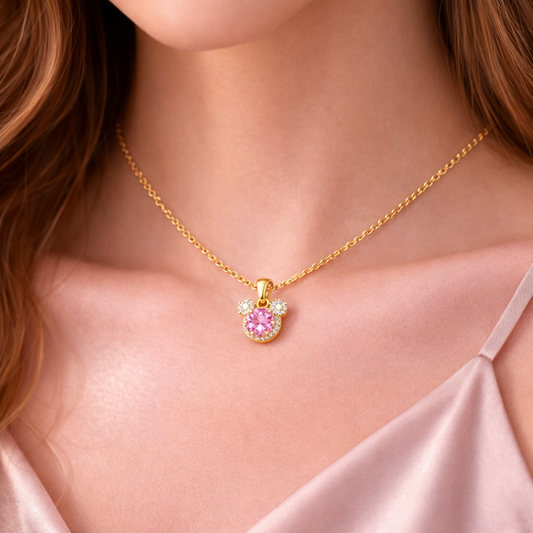 Gold-Plated Mickey Mouse Pendant Necklace with Pink Cubic Zirconia | Tvayi