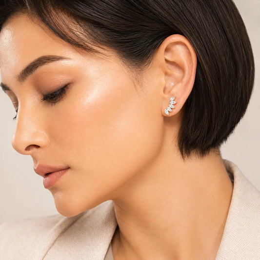 9KT Real Gold Leaf Ear Climber Earrings with Lab Grown Diamonds