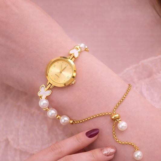 Elara Luxe – Gold Plated Bracelet Watch for Women | Pearl Chain Elegant Watch | Demi-Fine Jewellery Timepiece | Tvayi
