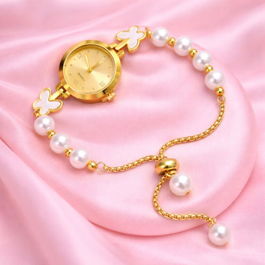 Elara Luxe – Gold Plated Bracelet Watch for Women | Pearl Chain Elegant Watch | Demi-Fine Jewellery Timepiece | Tvayi