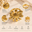 Close-up finger view of Elara Bloom 18K Gold Plated Flower Ring showing detailed petals – TVAYI