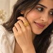 Indian woman wearing Elara Bloom 18K Gold Plated Floral Statement Ring – TVAYI