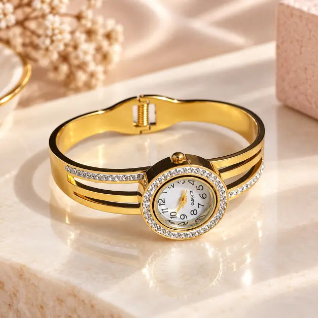 Gold plated crystal bracelet watch for women on cream luxury background – TVAYI