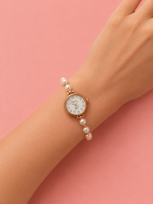 Elegant Pearl Bracelet Watch for Women – Rose Gold Luxury Watch