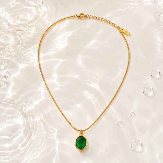 Emerald Green Oval Pendant Gold Necklace | Elegant Minimalist Jewelry | Tvayi